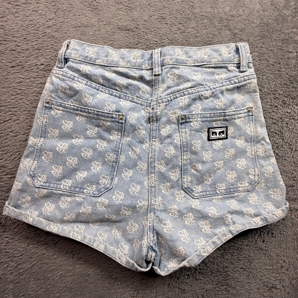 Obey Denim Jean Shorts Womens 26 Blue Excellent High Rise Logo Print Cotton